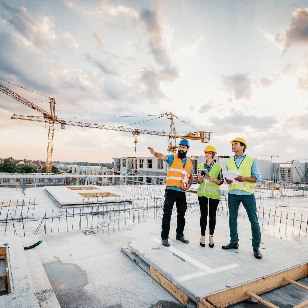 Three construction workers stand on top of building under construction