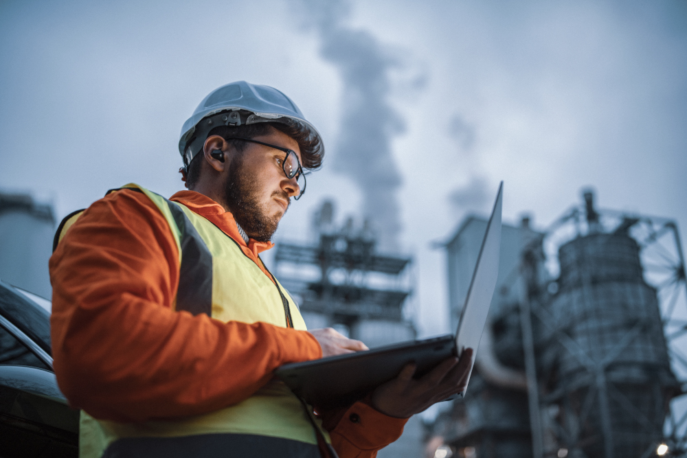 Construction worker looks at laptop